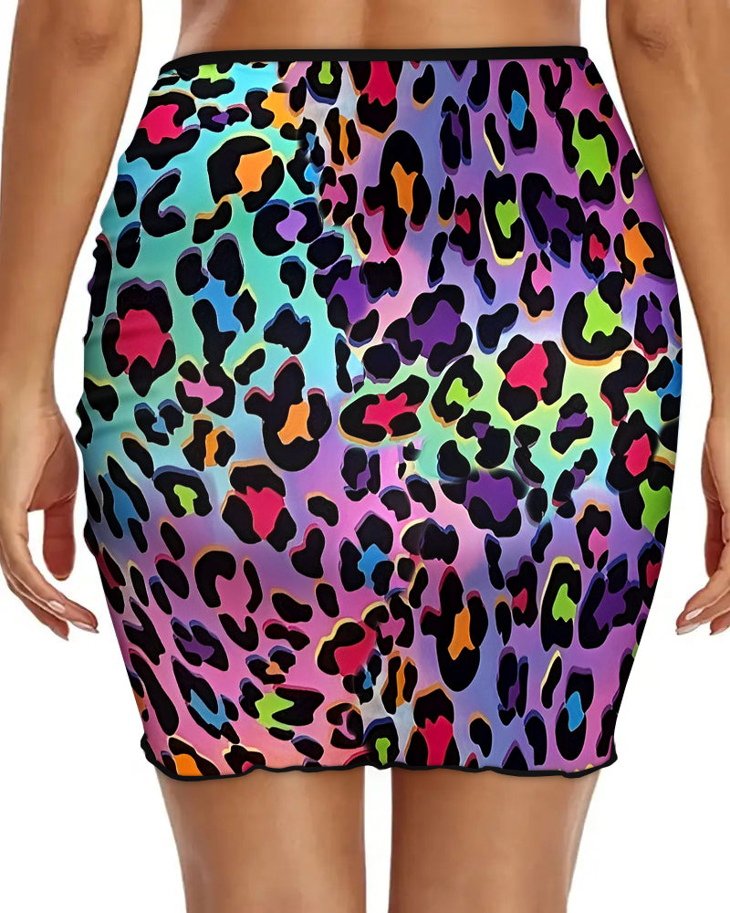 Women's Colorful Leopard Mesh Swim Skirt Side Drawstring Ruched Beach Bodycon Skirt