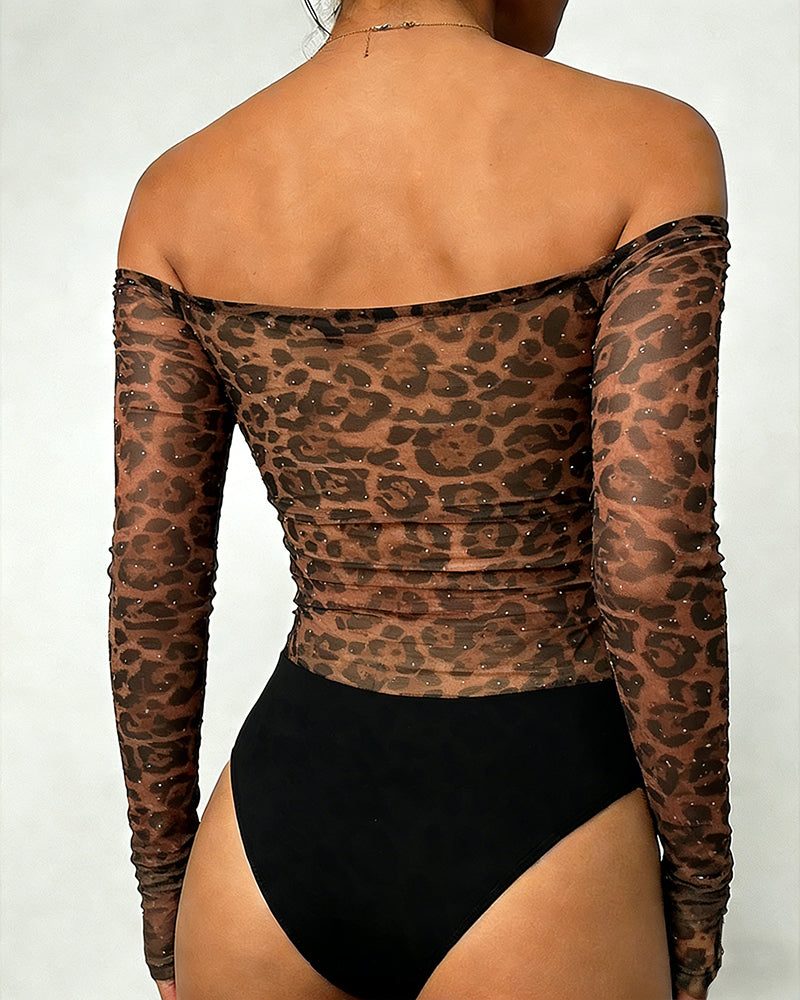 Allover Rhinestone Decor Leopard Print Off Shoulder Long Sleeve Slim Fit Sheer Mesh Bodysuit with Thumb Hole Cuffs