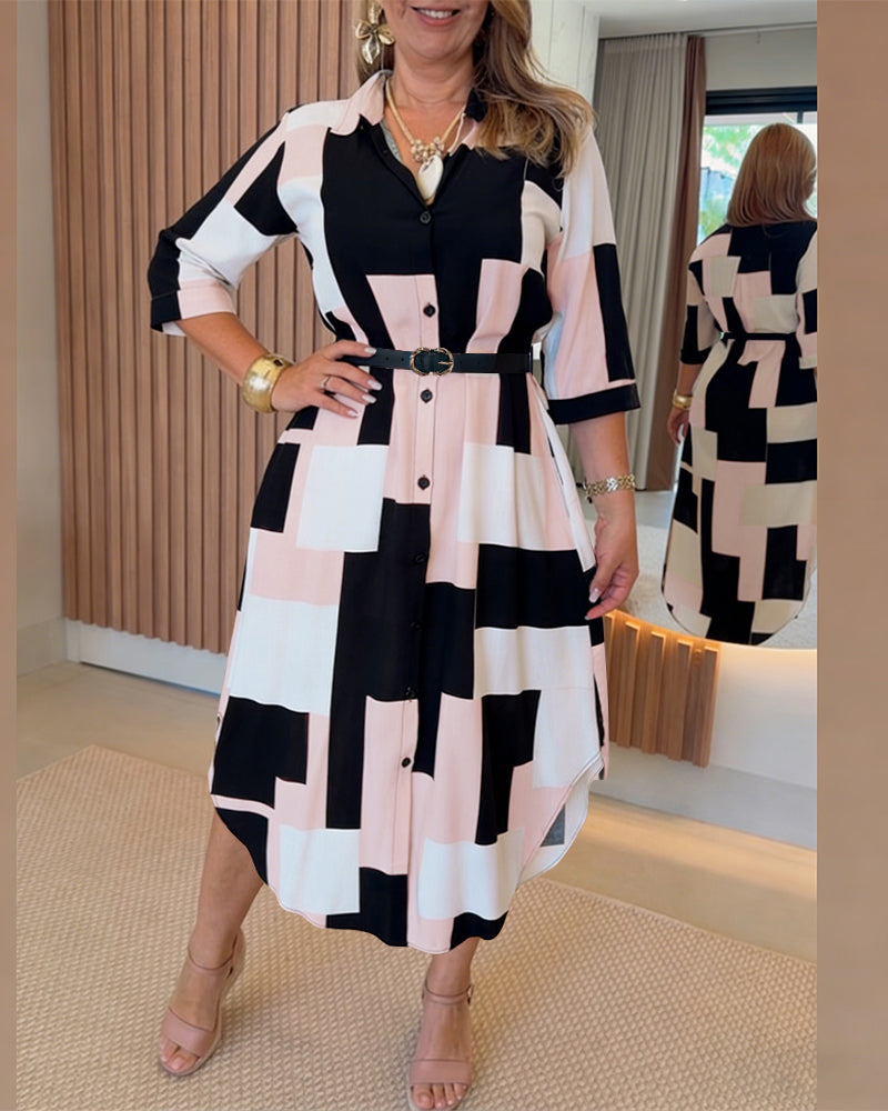 Women's Colorblock Geometric Shirt Dress Casual Three-Quarter Sleeves Asymmetrical Hem Commuting Dress with Belt