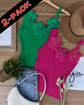 2 Pack Solid 3D Flower Tank Top Asymmetrical Neck Sleeveless Casual Ribbed Knit Camisole