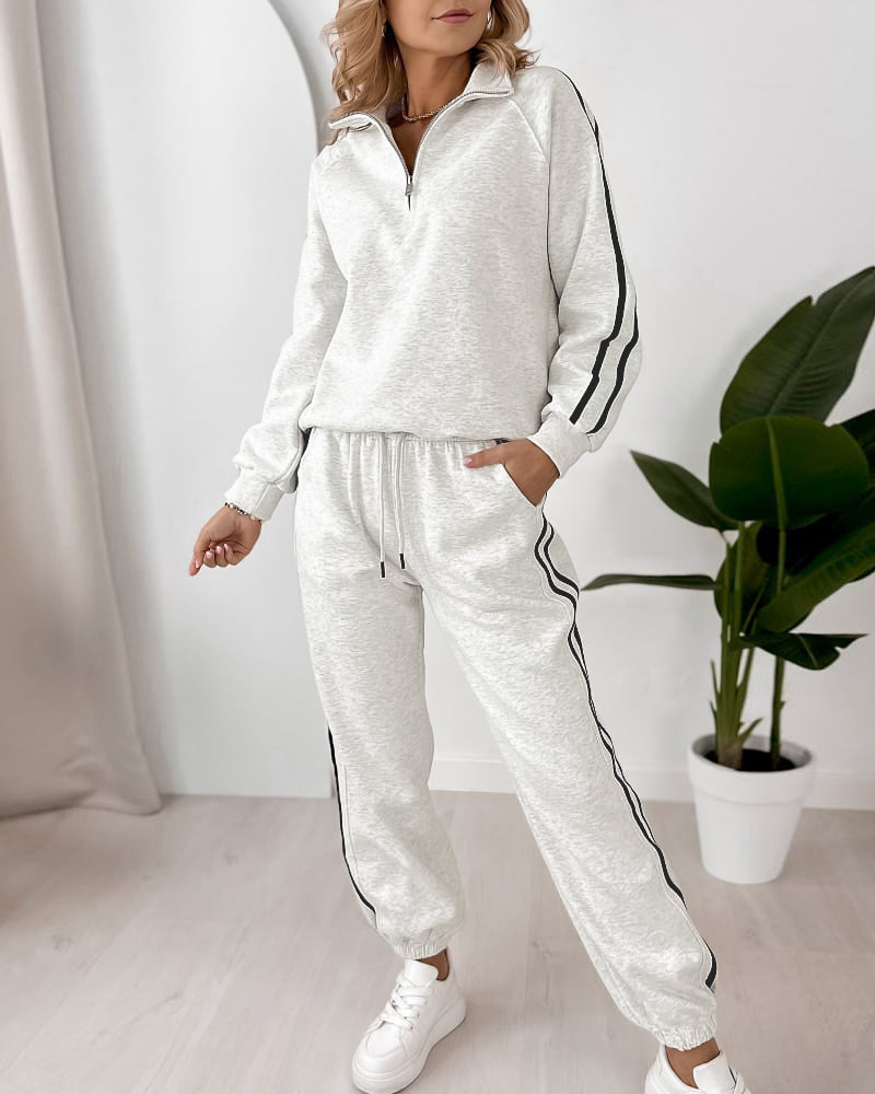 Women's Contrast Side Stripe Two Piece Sweatsuit Half Zip Sweatshirt and High Waisted Joggers Set Casual Tracksuit