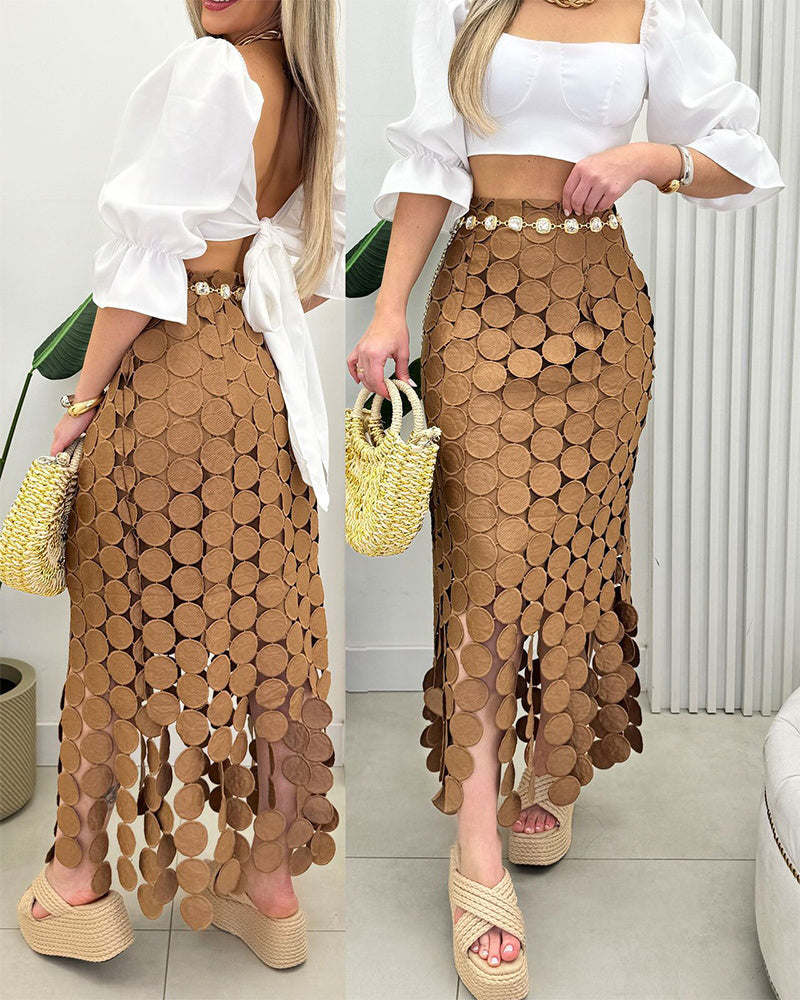 Women’s Lace Tassel Trim Bodycon Skirt Hollow-Out Detail High Waist Pencil Skirt with Side Zipper