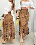 Women’s Lace Tassel Trim Bodycon Skirt Hollow-Out Detail High Waist Pencil Skirt with Side Zipper
