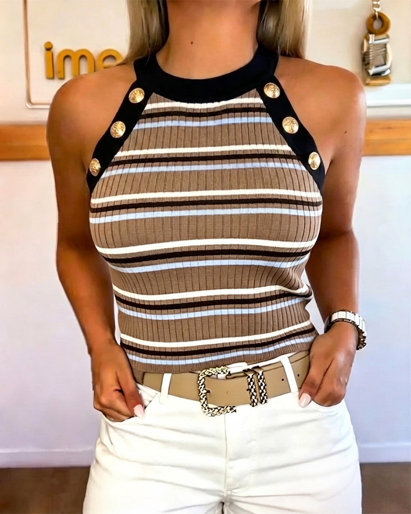Women's French Retro Striped Halter Top Sleeveless Rib-Knit Tank with Gold Button Accents