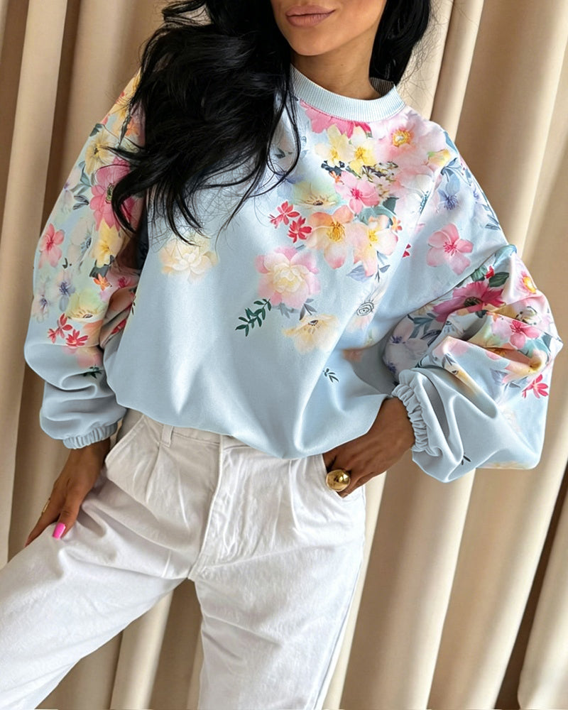 Women's Watercolor Floral Sweatshirt Casual Crewneck Pullover Lantern Sleeve Loose Fit Top