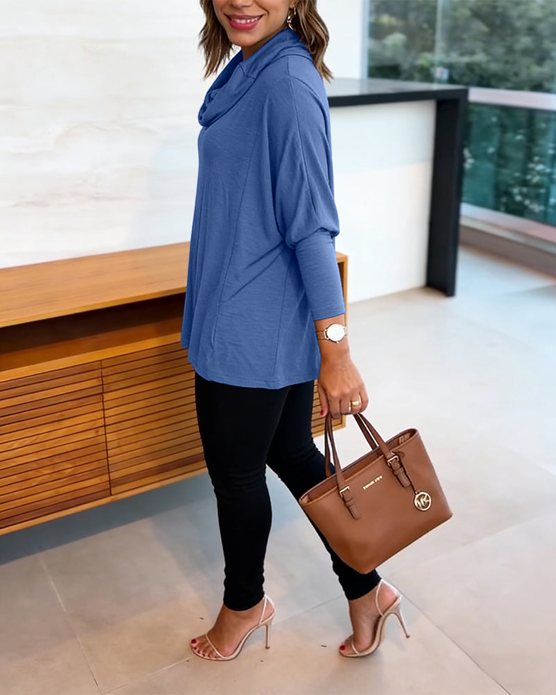 Women's Cowl Neck Batwing Sleeve Top Casual Long Sleeve Loose Pullover Comfortable Soft Drape Blouse