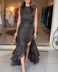 Silver Foil Pattern Sleeveless Cinched Waist Party Dress Elegant Asymmetrical Ruffles Slit Evening Dress