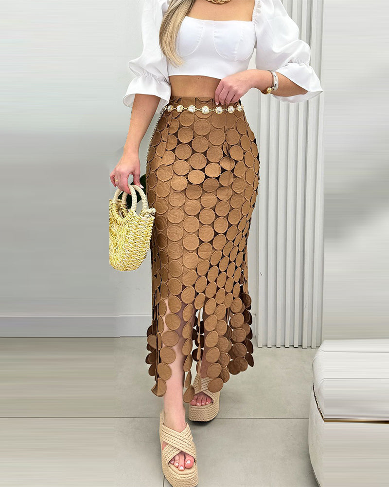 Women’s Lace Tassel Trim Bodycon Skirt Hollow-Out Detail High Waist Pencil Skirt with Side Zipper