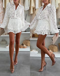 2 Pieces Outfit Turn-down Collar Lantern Sleeve Button Front Sheer Top and Elastic Waist Double Layer Ruffle Hem Skirt Set Casual Jacquard Floral Lace Skort Set