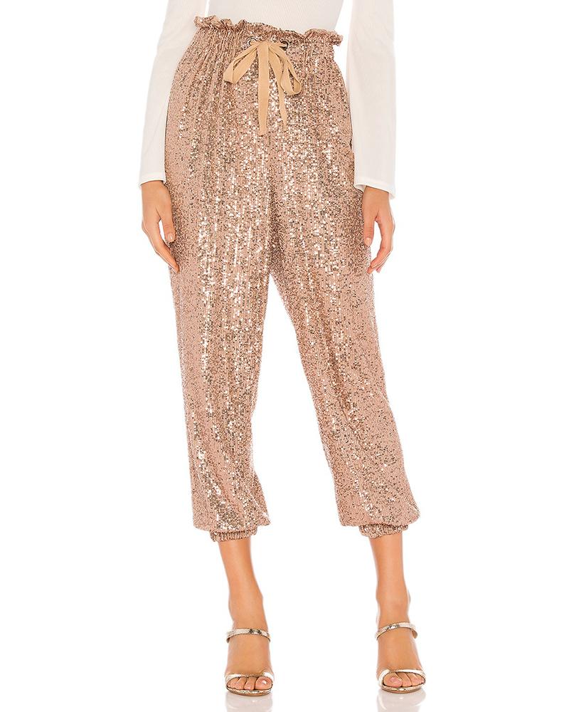 Drawstring Design Allover Shiny Sequins Cuffed Pants Partywear