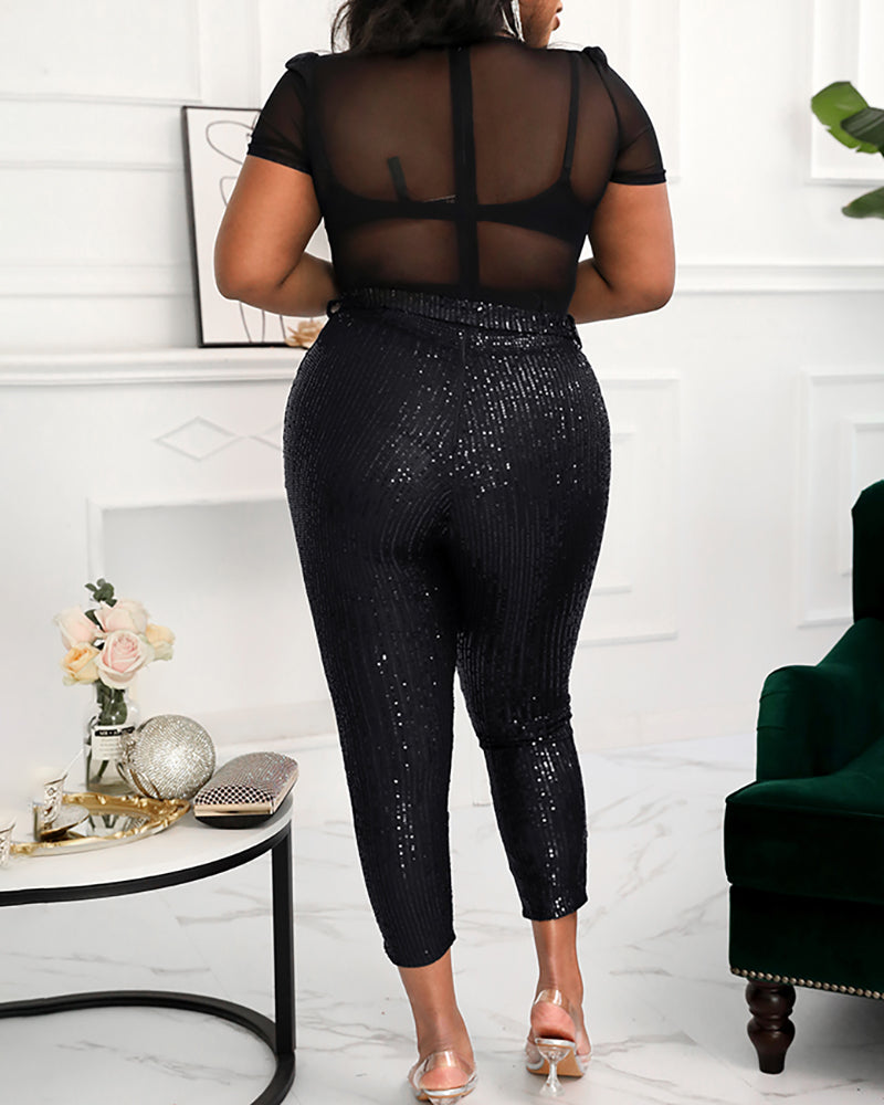 Women's Sequin Jumpsuit Sexy Deep V Neck Sheer Mesh Sleeve Overalls with Belt