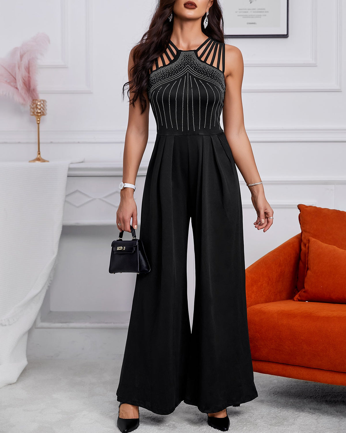 Rhinestone Decor Multi Spaghetti Straps Ruched Overalls Casual Zipper Back Wide Leg Jumpsuit
