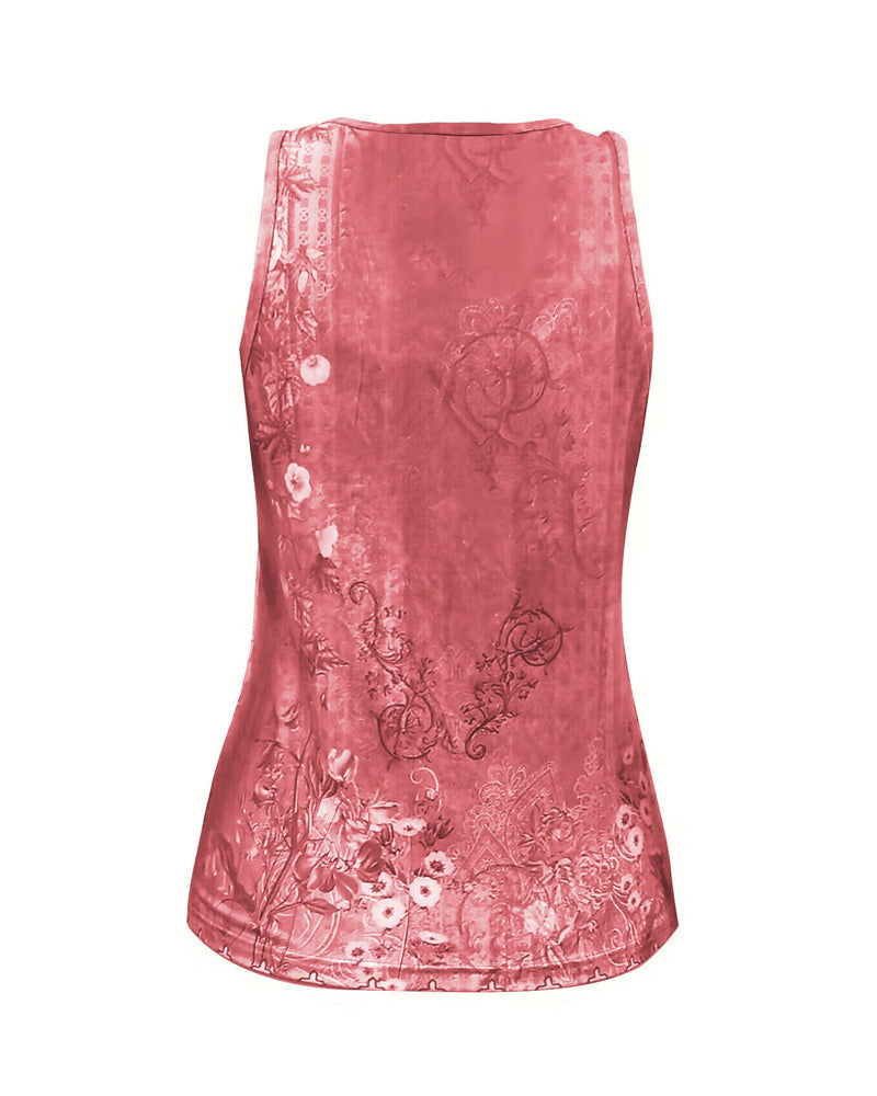 CHICME Women's Casual Floral Print Tank Top Sleeveless Notch Neck Vest with Rhinestone Accents