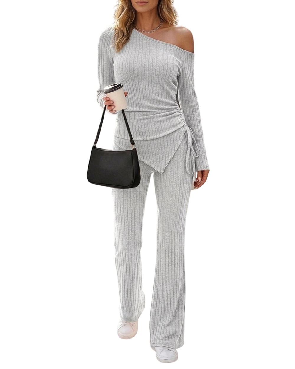 CHICME ESSENCE Women 2 Piece One Shoulder Ribbed Lounge Set Outfits