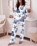 Women's 2 Piece Ocean Style Pajama Set Long Sleeve Top and Wide Leg Pants Casual Lounge Set