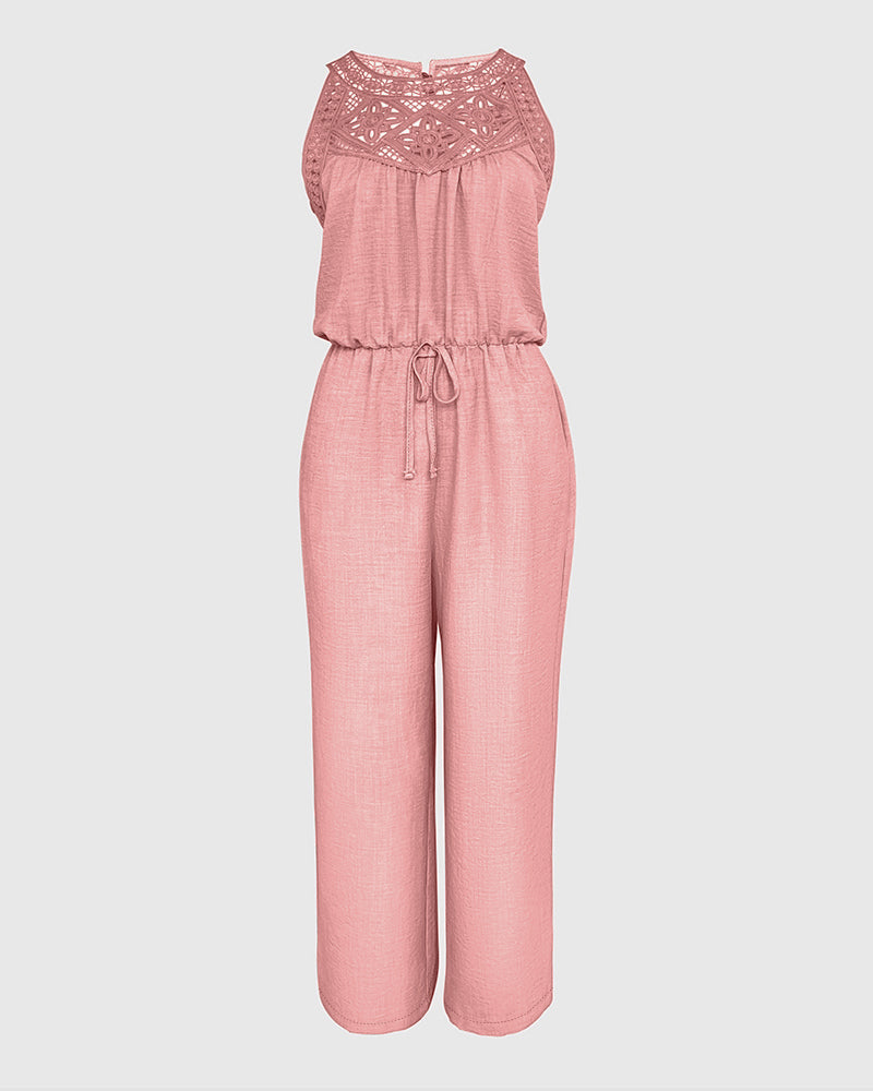 Women's Halter Jumpsuit Lace Trim Backless Overalls Tied Detail Wide Leg Jumpsuit with Pockets