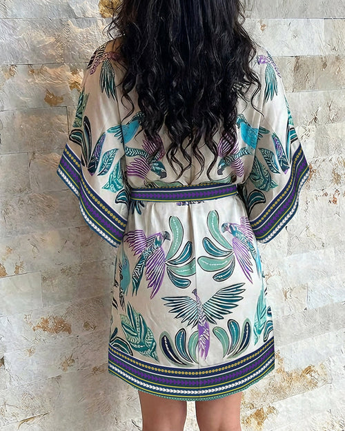 2 Pieces Outfit V-Neck Batwing Sleeve Bodysuit and Zipper Back Tie Waist Wrap Front Skirt Set Casual Animal & Plants Print Vacation Set