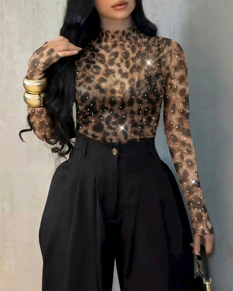 Rhinestone Decor Leopard Print Mock Neck Long Sleeve Tee Sexy Slim Fit Sheer Top