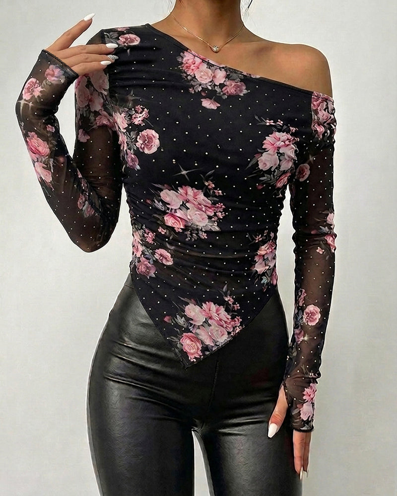Women's Skew Neck Floral Mesh Top Rhinestone Long Sleeve Shirt Ruched Slim Fit Asymmetrical Hem Blouse with Thumbholes