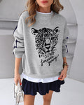 Women's Leopard Flocking Graphic Sweatshirt Crewneck Long Sleeve Pullover Casual Contrast Stripe Top