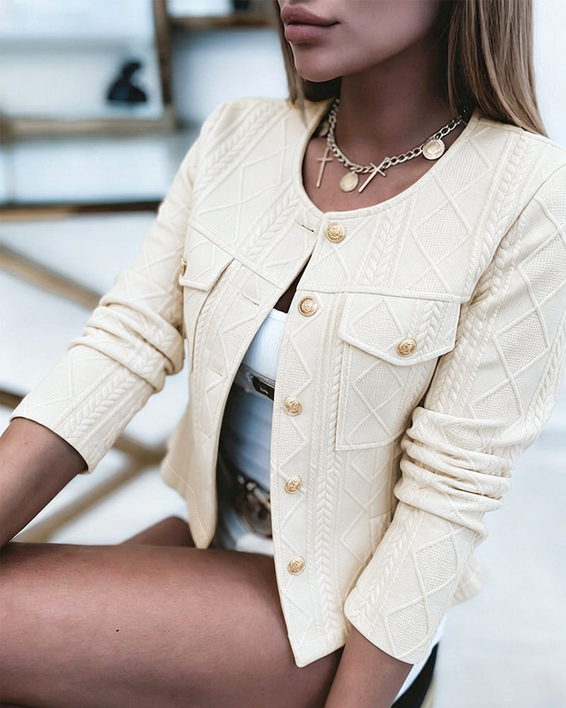 Women's French Style Cropped Jacket Round Neck Gold Button Coat Argyle Cable Jacquard Knit Outerwear