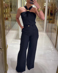 Women's 2 Piece Outfits Halter Neck Ruched Top and Wide Leg Pants Set Elegant Gold Decor Suits