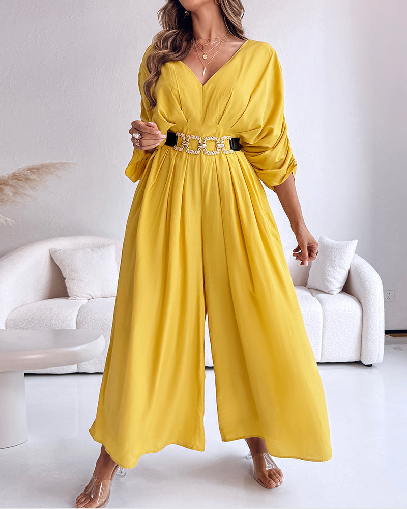 Deep V-Neck Ruched Three Quarters Sleeve Backless Overalls Casual Waist-Gathered Tied Detail Jumpsuit without Belt