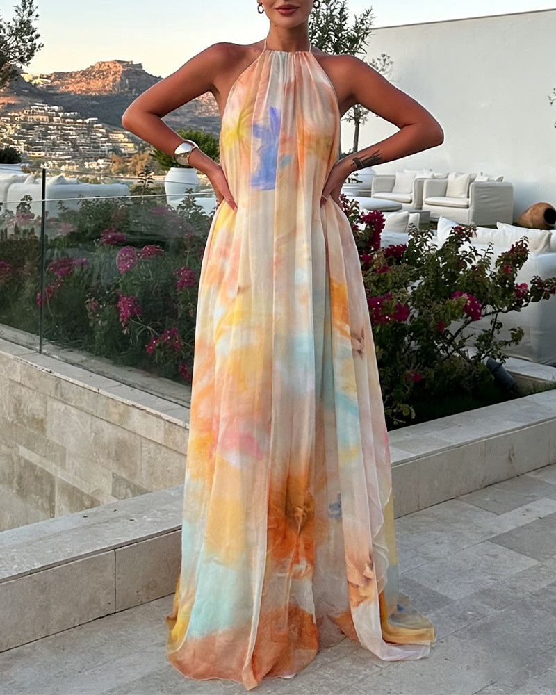 CHICME Women's Tie Dye Print Chiffon Maxi Dress Halter Neck Backless Tied Flowy A-Line Long Dress for Vacation