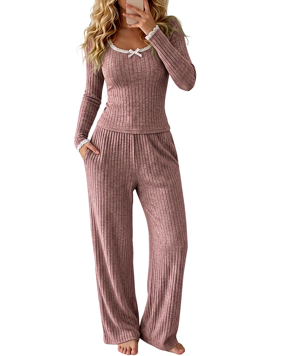 CHICME ESSENCE Women's Ribbed Pajama Set 2 Piece Lace Trim Long Sleeve Lounge Set High Waisted Pants with Pockets