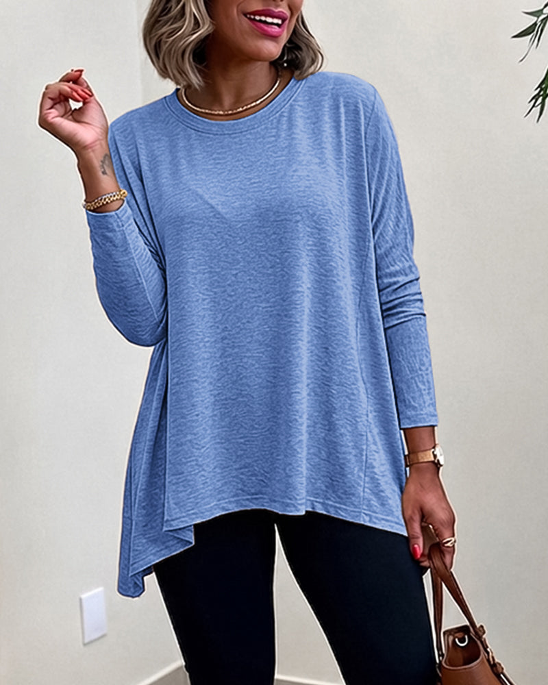 Women's Asymmetric Hem Long Sleeve Top Loose Fit Dropped Shoulder Crewneck Soft Slouchy Casual Tee