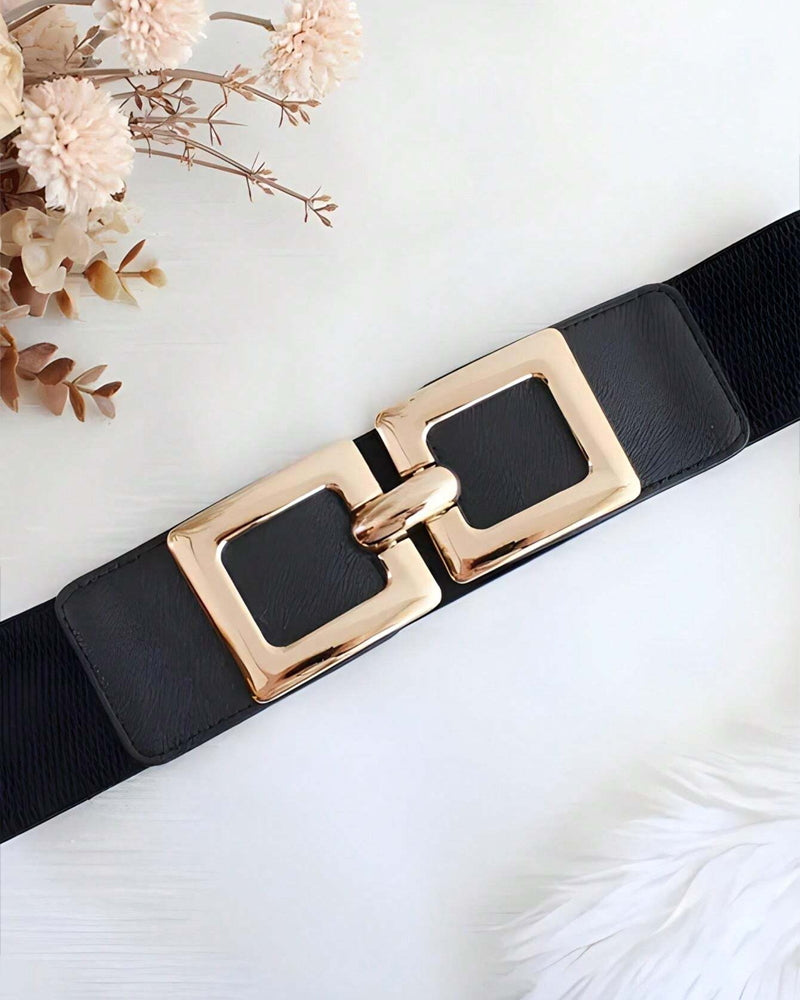 Wide Elastic Belt Fashion Square Gold Buckle Stretch Dress Belt Waistband
