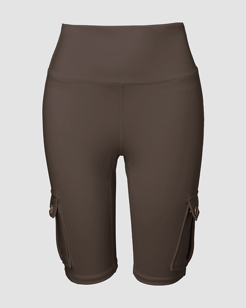 Tummy Control Butt Lifting Active Shorts High Waist Flap Pocket Workout Bermuda Cargo Running Shorts