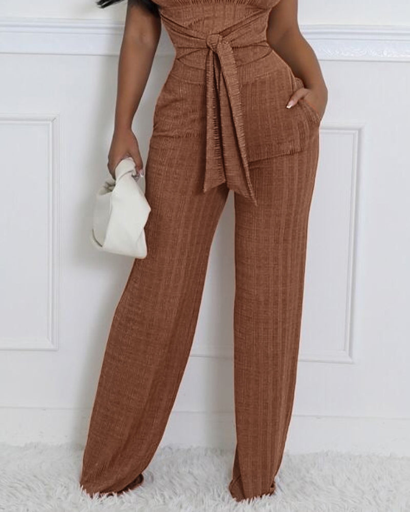 Women's Ribbed 2 Piece Outfits Tied Waist Crop Top and Straight Leg Pants Set Casual Matching Set with Pockets