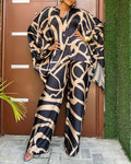 2 Pieces Outfit Abstract Print Batwing Sleeve Asymmetrical Top and Casual Wide Leg Pants Set