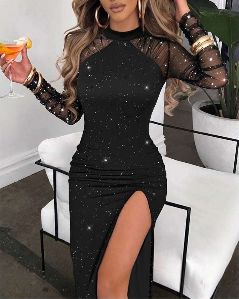 Women's Glitter Mesh Slit Dress Mock Neck Ruched Long Sleeve Bodycon Dress Sparkly Evening Party Gown
