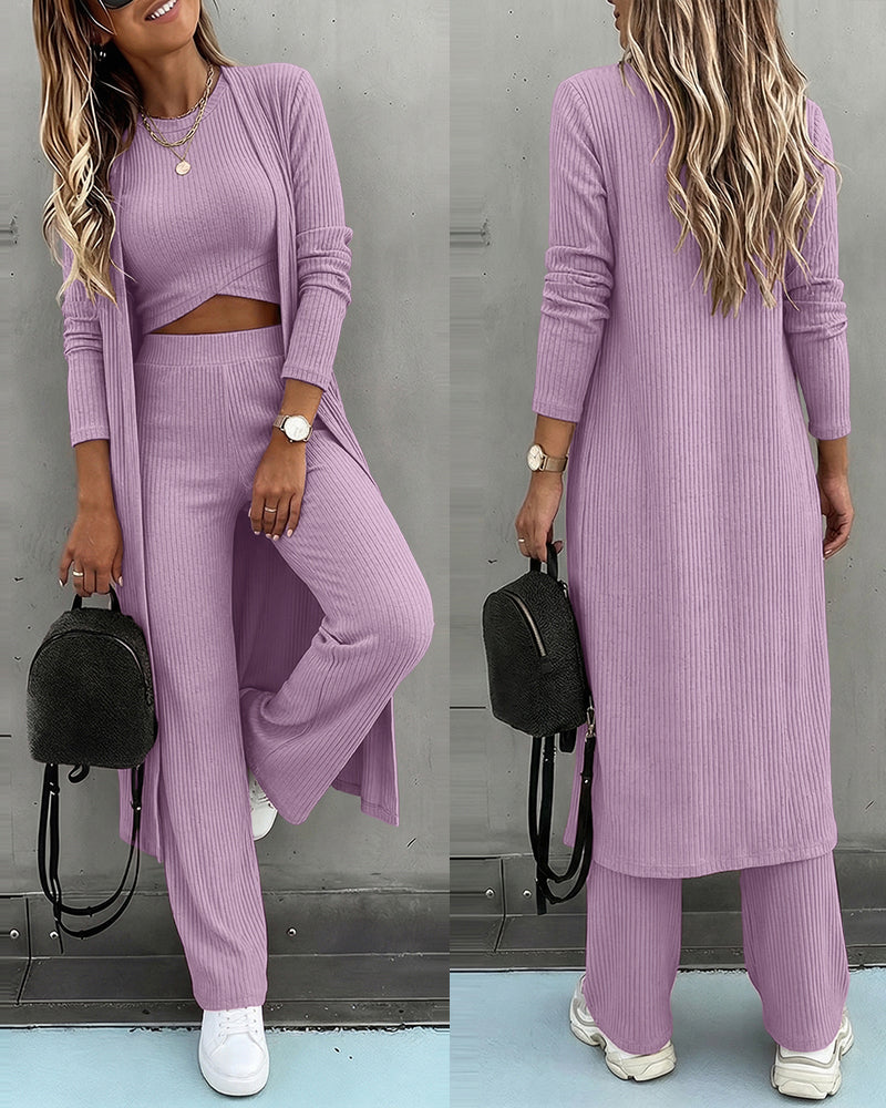 CHICME ESSENCE Women's 3 Piece Knit Set Long Cardigan Criss Cross Crop Tank Top and Wide Leg Pants Casual Ribbed Brushed Lounge Set