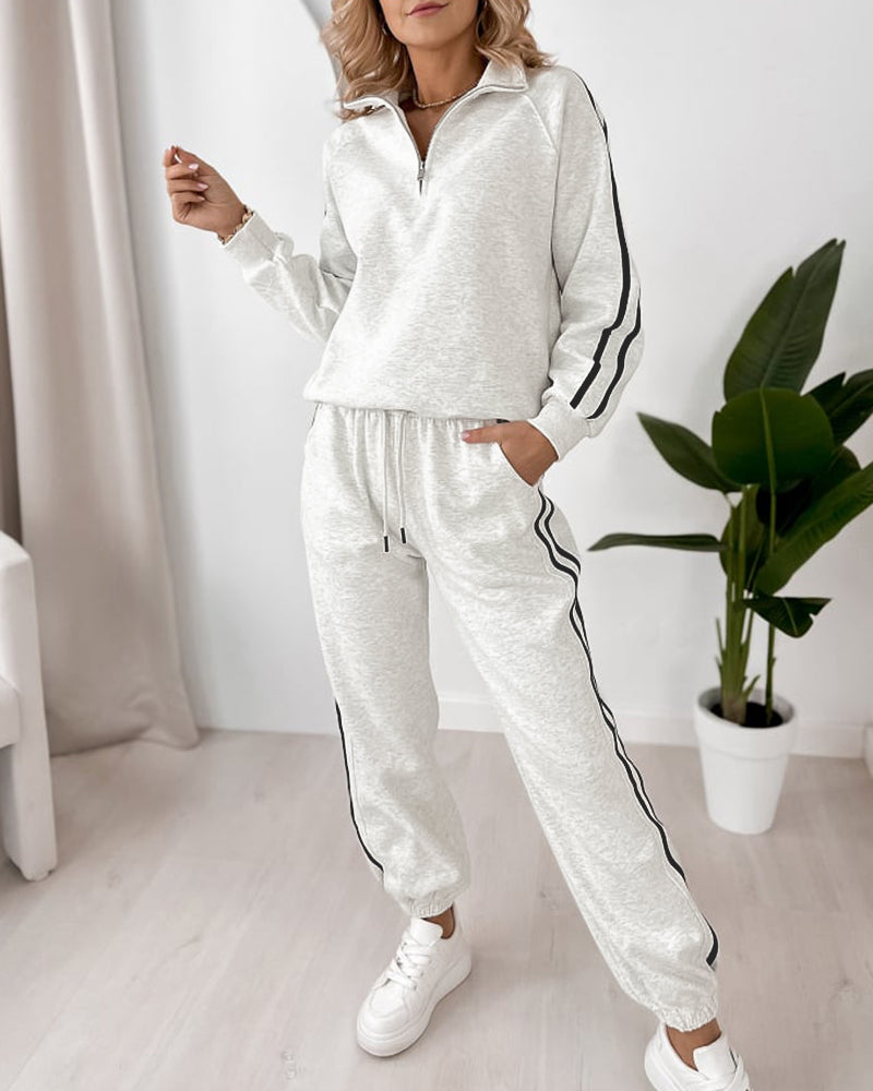 Women's Contrast Side Stripe Two Piece Sweatsuit Half Zip Sweatshirt and High Waisted Joggers Set Casual Tracksuit