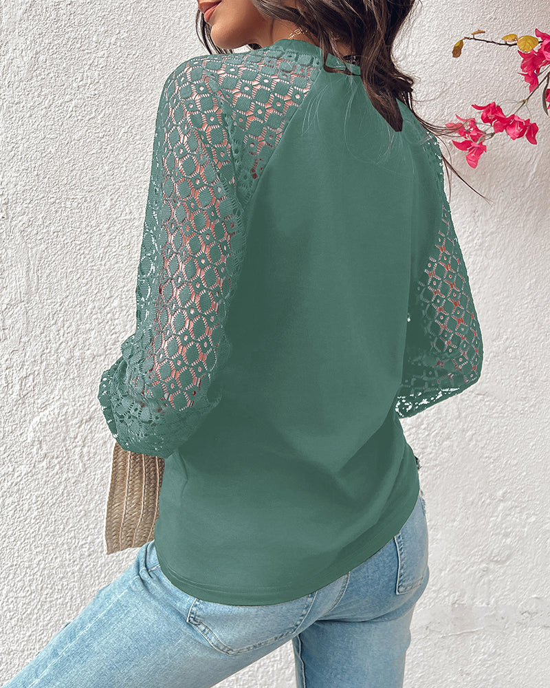 Contrast Lace Round Neck Lantern Sleeve Ruched Blouse Elegant Shirt