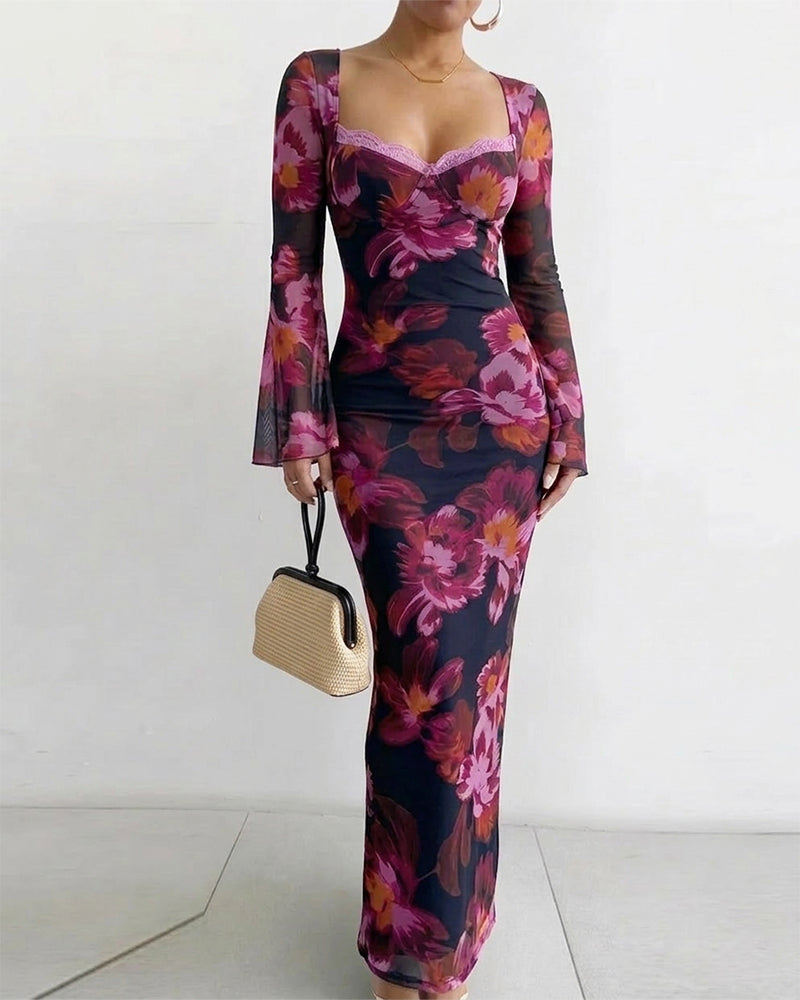 Women's Vintage Floral Mesh Dress Lace Trim Sweetheart Neck Flare Sleeve Bodycon Maxi Dress Mermaid Party Gown