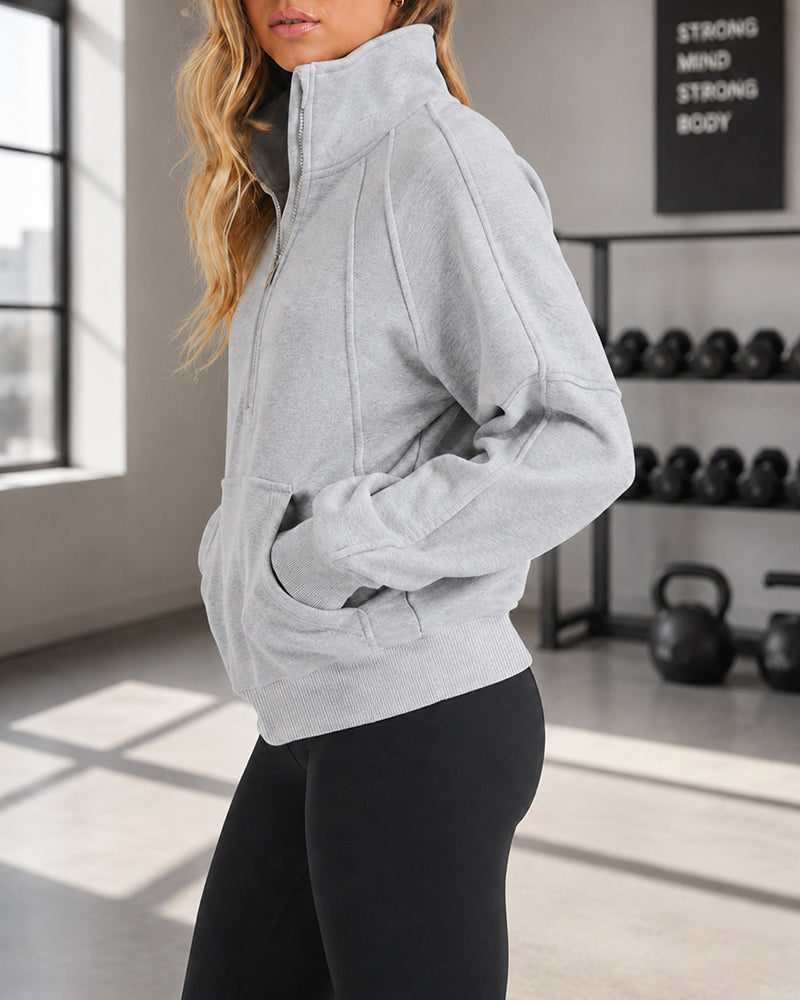 Women's Half Zip Sweatshirt Stand Collar Seam Pullover Casual Kangaroo Pocket Top with Thumbhole
