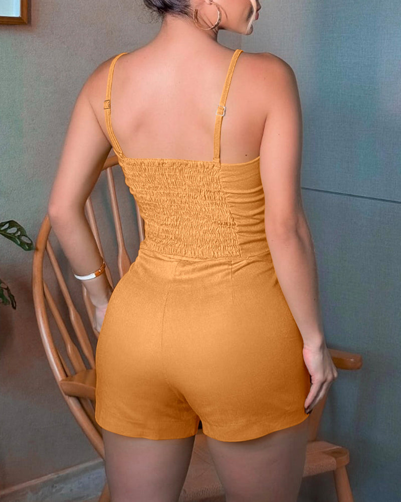 2 Pieces Outfit Adjustable Spaghetti Straps Button Front Shirred Back Crop Cami Top and Casual Zipper Fly Elastic Back Waist Shorts Set