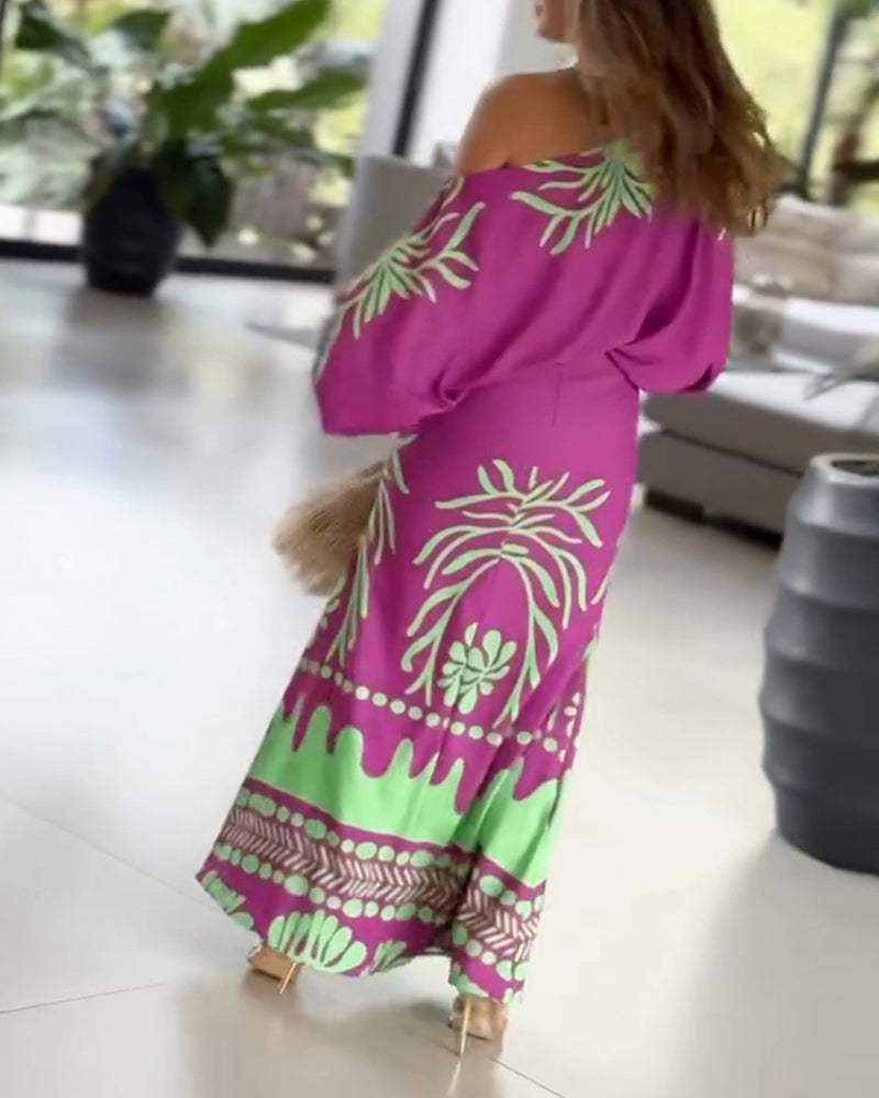 2 Pieces Outfit Skew Neck Lantern Sleeve Loose Fit Top and High Waist Elastic Waist Fishtail Maxi Skirt Set Casual Tropical Print Vacation Set