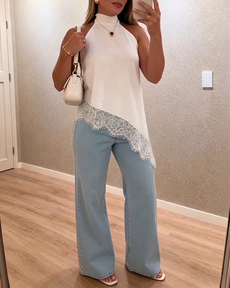 Women's Halter Tie Lace Patchwork Top Elegant Sleeveless Asymmetrical Hem Blouse
