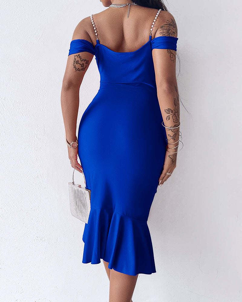 Women's Cold Shoulder Adjustable Pearls Straps Bodycon Dress Cowl Neck Asymmetrical Ruffle Hem Party Dress