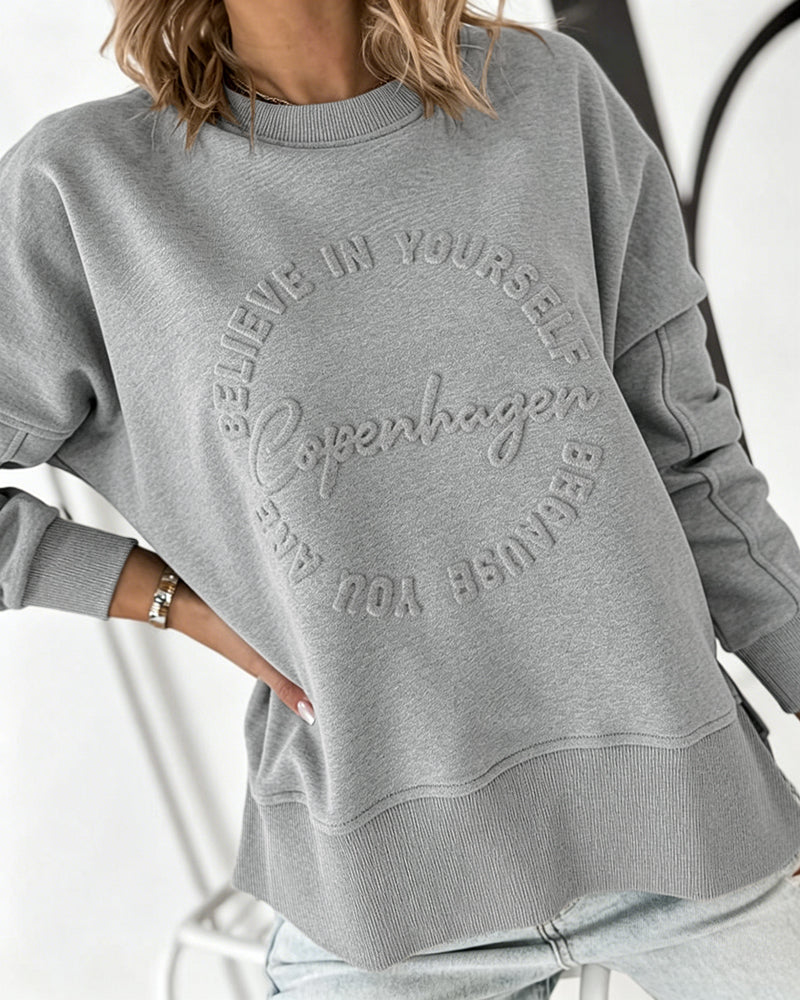 Women's Loose Crewneck Sweatshirt Embossed Letter Print Pullover Top Casual Side Slit Top