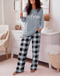 Women's 2 Piece Pajama Set Letter Print Long Sleeve Top and Plaid Heart Wide Leg Pants Casual Lounge Set