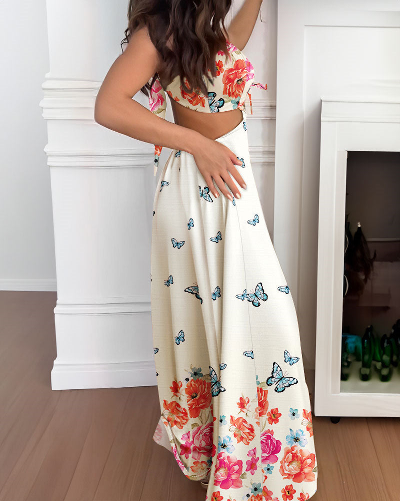 Women's Floral Butterfly Print Maxi Dress Backless Cutout Cami Sundress Ruched Tied Detail Flowy Vacation Dress
