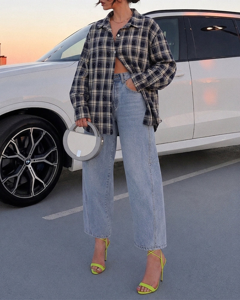 Women's Plaid Rhinestone Shirt Casual Drop Shoulder Button Down Blouse Vintage Long Sleeve Top