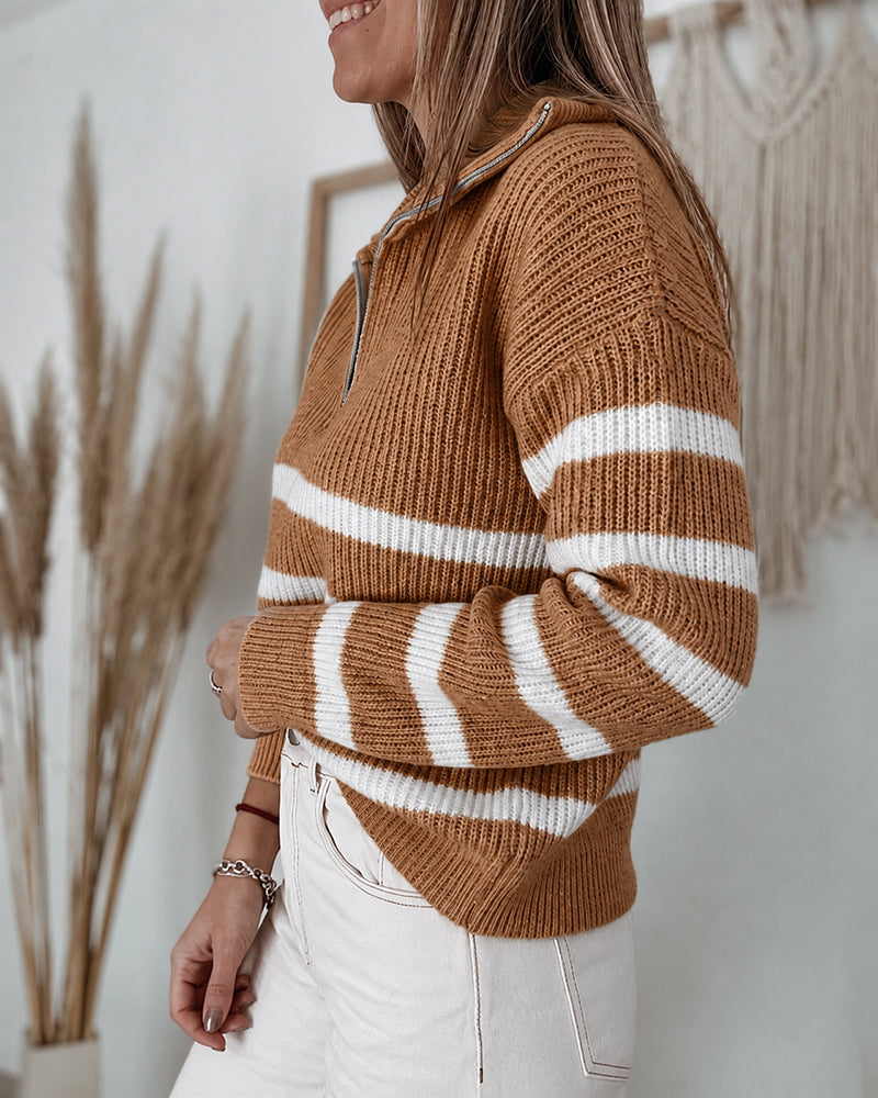 Women's Half Zip Striped Sweater Colorblock Turn-down Collar Knit Pullover Drop Shoulder Loose Fit Top