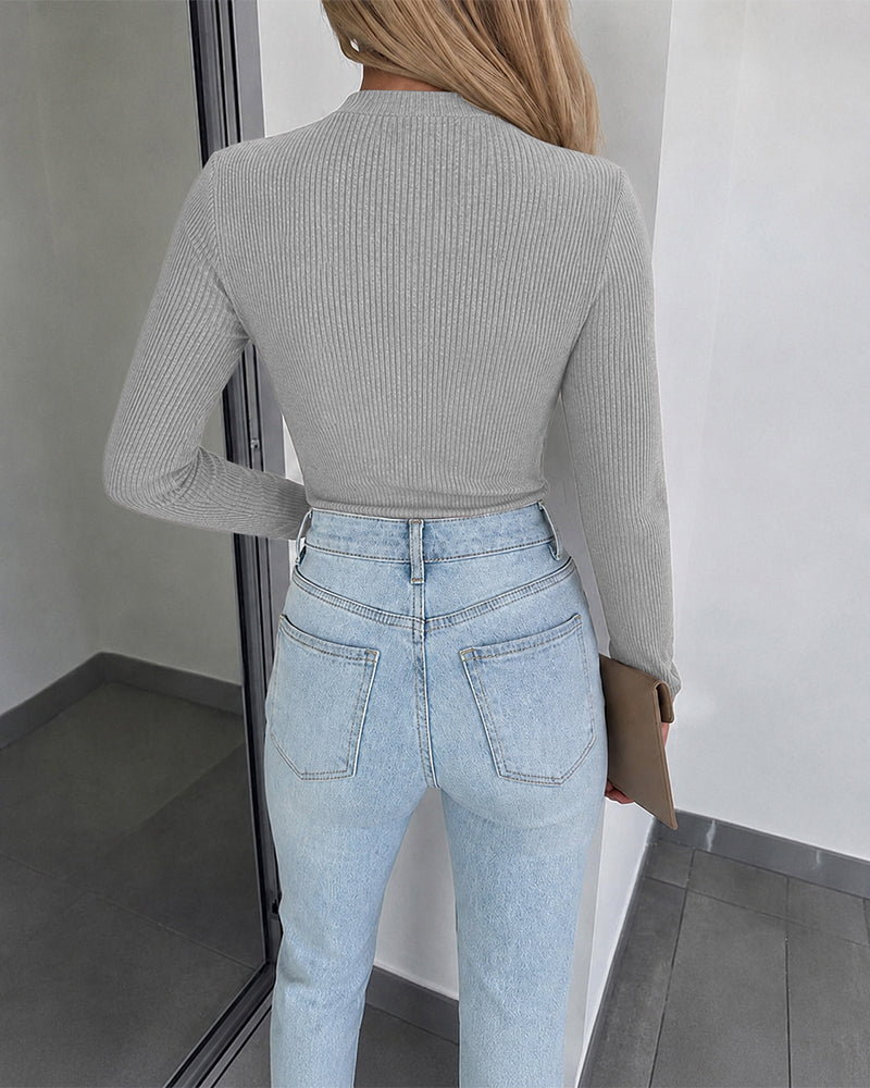Women's Overlap V Neck Long Sleeve Ribbed Knit Top Rhinestone Side Button Ruched Slim Fit Asymmetric Hem Sweater